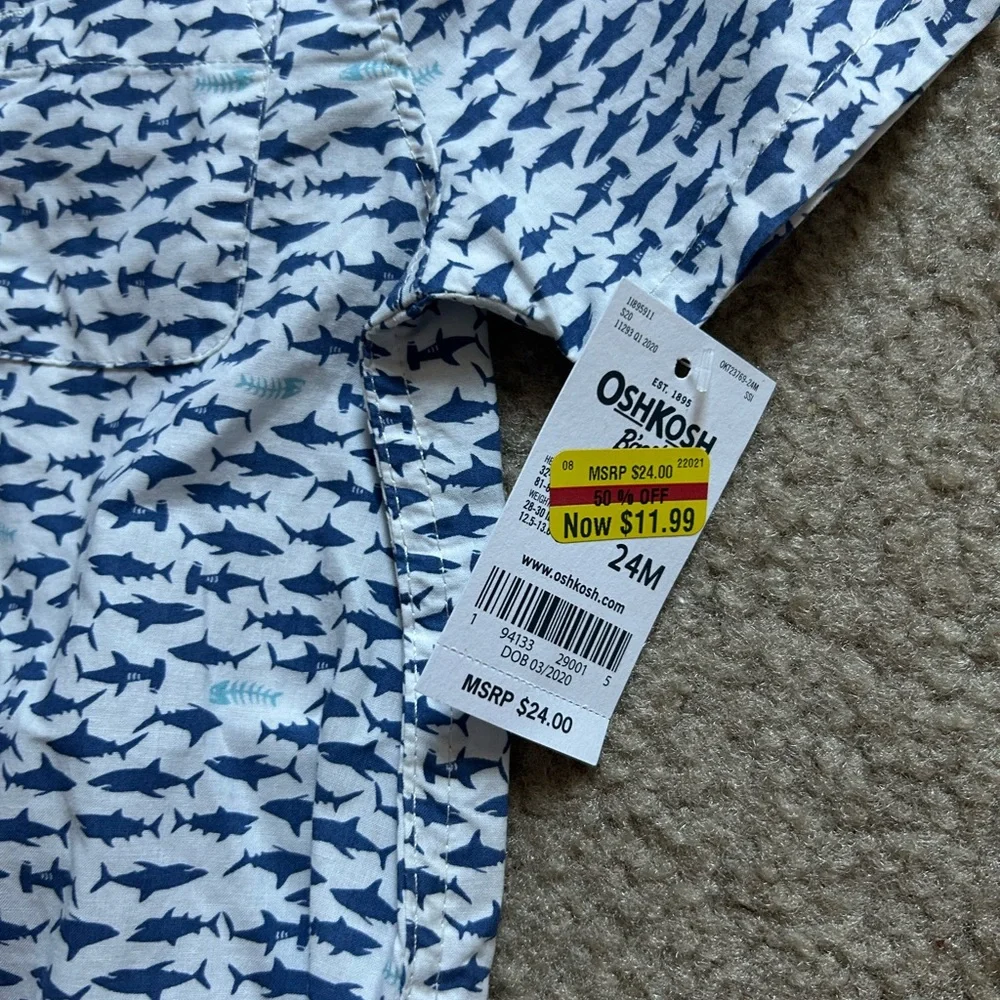 Oshkosh B’Gosh Baby Boy Blue Shark Pattern Button Up Bodysuit 24M